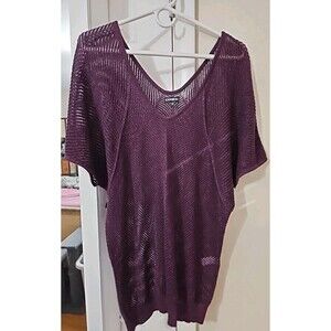 Express Womens Sz M Purple Metallic Hollow Knit V-Neck Long Sweater Tunic